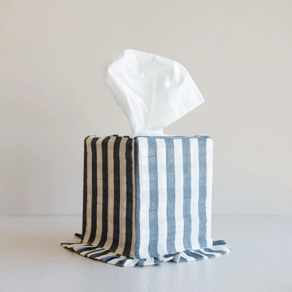 Ruffle Linen Tissue Cover - Denim Stripe | Roan Iris
