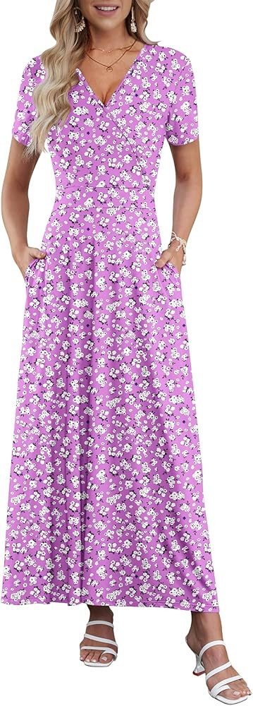 AUSELILY Maxi Dresses for Women Ankle Length Floral Print Beach Long Flowy Dress with Pockets | Amazon (US)