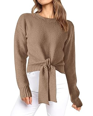 Okiwam Women's Long Sleeve Cropped Sweaters Casual Knit Pullover Tie Front Crew Neck Fall Outfits... | Amazon (US)
