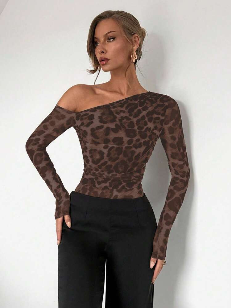 Almamuse Women's Fashion Leopard Print Mesh Open Shoulder Long Sleeve Bodysuit Fall Cloth For Wom... | SHEIN