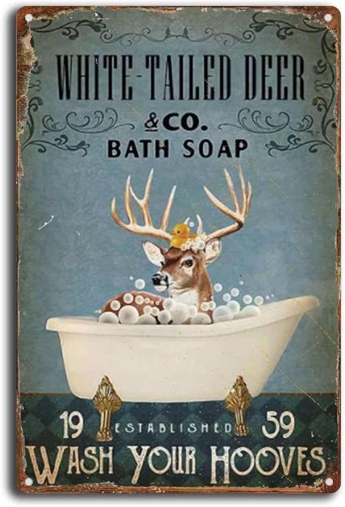 SKIYGTH Tin Sign White Tailed Deer Bathroom Decor Deer Bath Soap Funny Metal Tin Sign Wall Decor ... | Amazon (US)