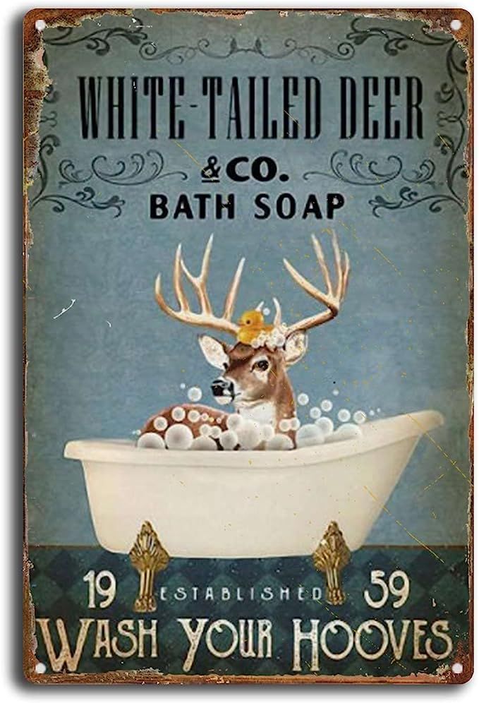 SKIYGTH Tin Sign White Tailed Deer Bathroom Decor Deer Bath Soap Funny Metal Tin Sign Wall Decor ... | Amazon (US)
