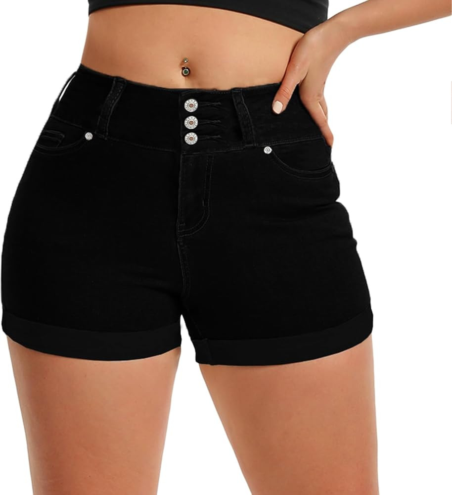 Pnadty Women's Summer High Waisted Stretch Denim Shorts Casual Folded Hem Jean Shorts | Amazon (US)
