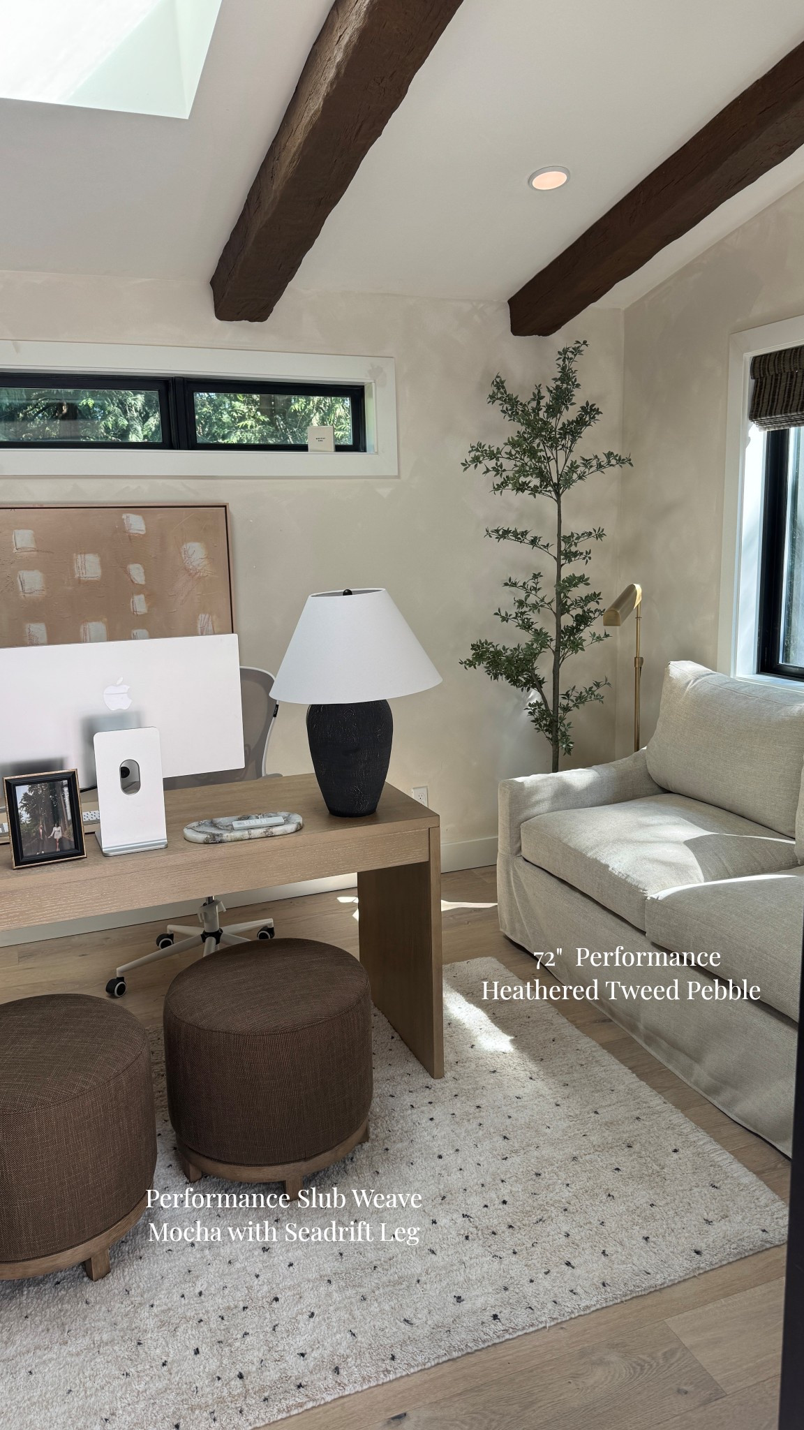 SheShed office / guest room 
Sofa; 72", Down Blend Wrapped Cushions, Performance Heathered Tweed Pebble

Ottoman: Performance Slub Weave Mocha with Seadrift Leg

#LTKHome