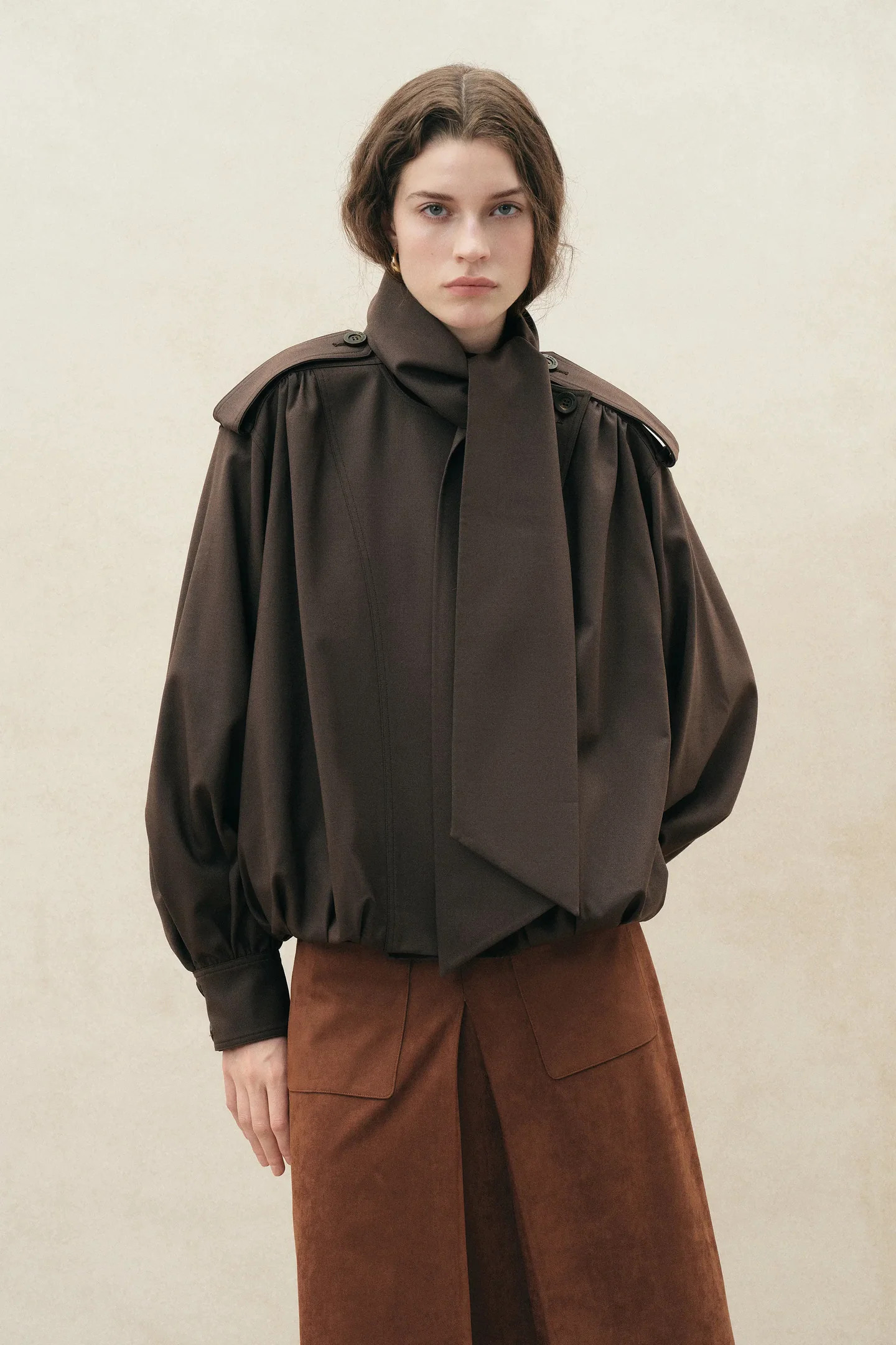 Oria Scarf Tie Bubble Hem Cropped Jacket in Wool Blend | Fabrique