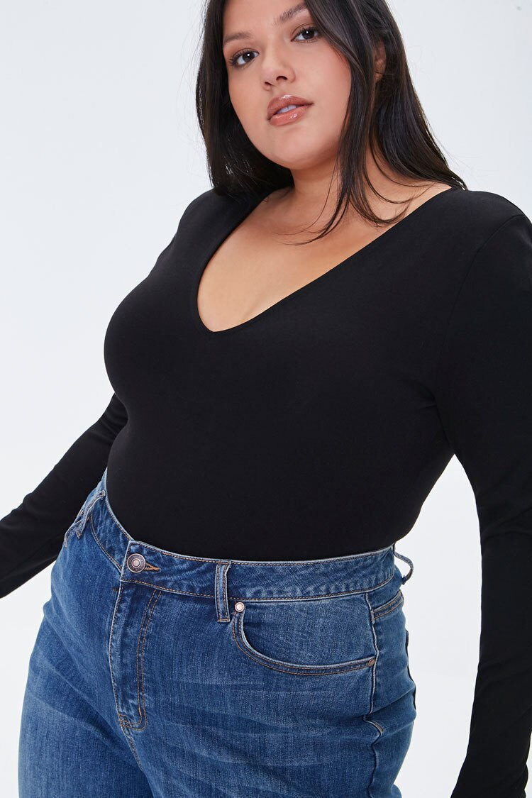 V-Neck Long-Sleeve Bodysuit in Black, Size 2X | Forever 21 (US)