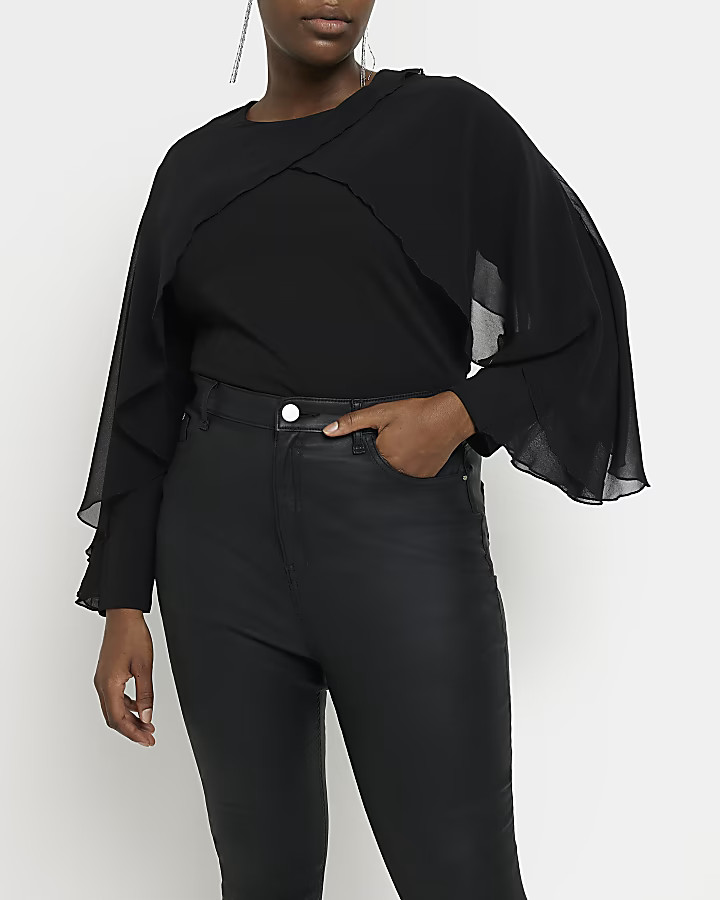 Plus black long sleeve cape blouse | River Island (UK & IE)