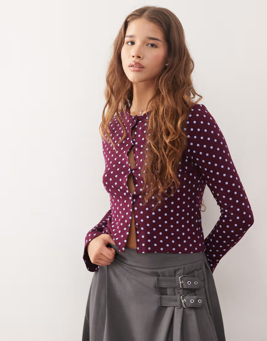 Reclaimed Vintage cardigan with flare sleeves in burgundy and blue polka dot-Red | ASOS (Global)