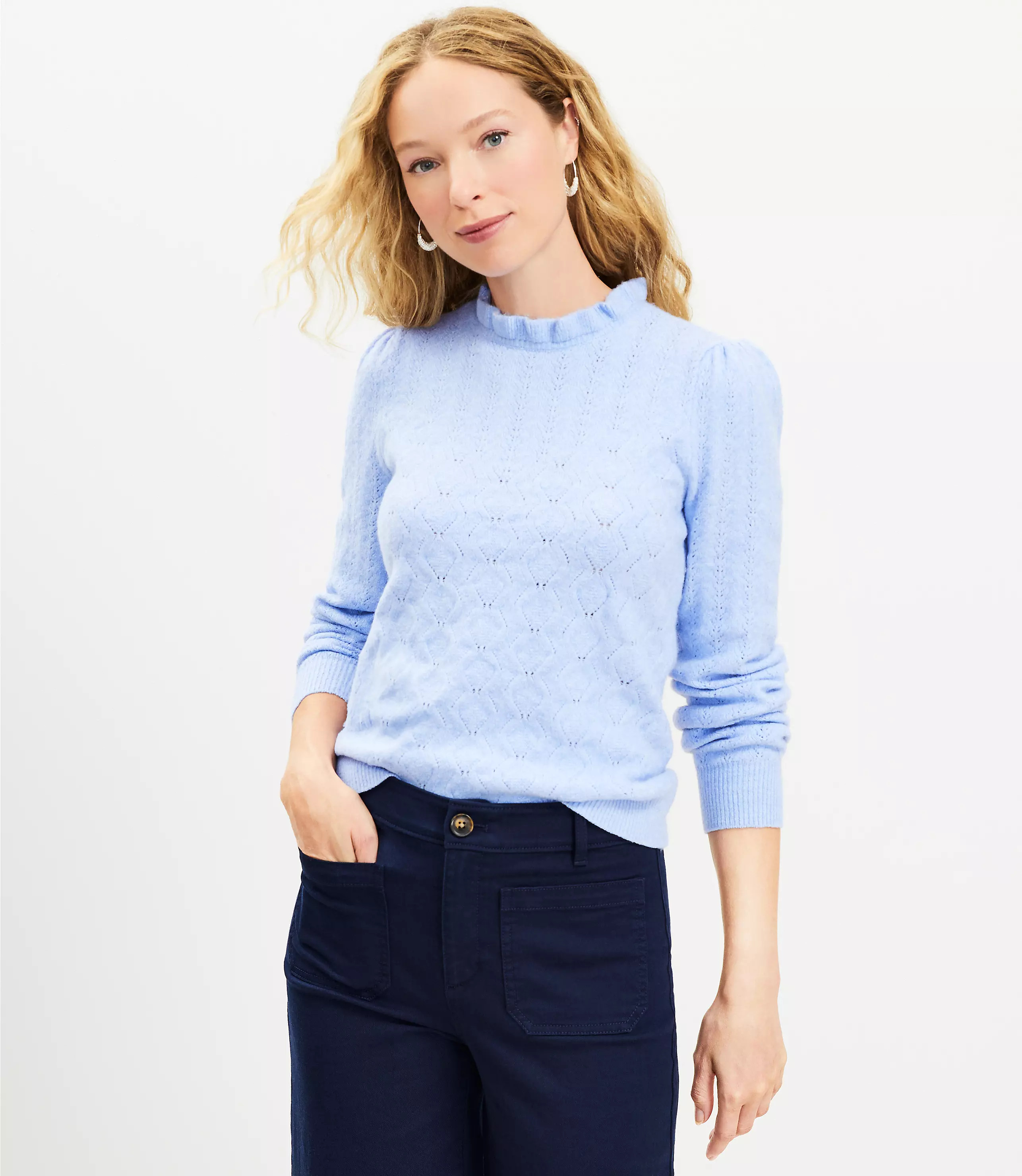 Pointelle Ruffle Neck Sweater | LOFT
