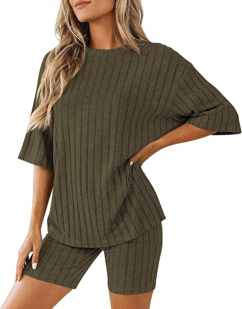 KIRUNDO Lounge Sets For Women 2 Piece Ribbed Knit Shorts Set Casual Short Sleeve Tops Biker Short... | Amazon (US)