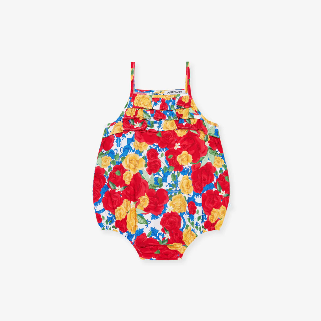 Floral White Daywear Valentina Challis Bubble Romper | Posh Peanut® | Posh Peanut