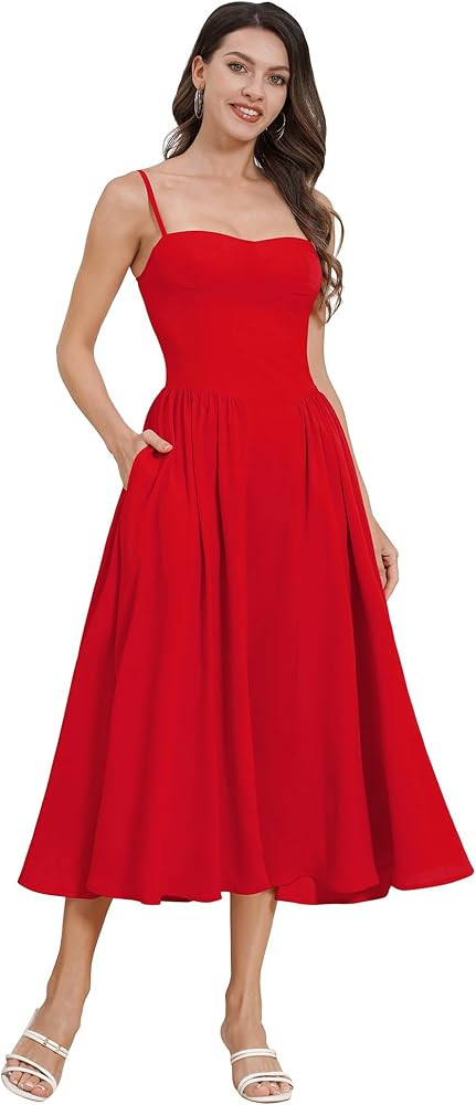 Floral Corset Dress for Women 2024 Summer Spaghetti Strap Cottagecore Dresses Milkmaid Dress Pock... | Amazon (US)