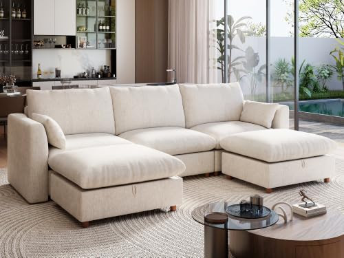 Ihanherry 117" Oversized Modular Sectional Sofa, Modern U Shaped Cloud Couch with 2 Storage Ottoman, 5-Seat Comfy Chenille Deep Seat Sofa with 2 Pillows for Living Room, Beige | Amazon (US)