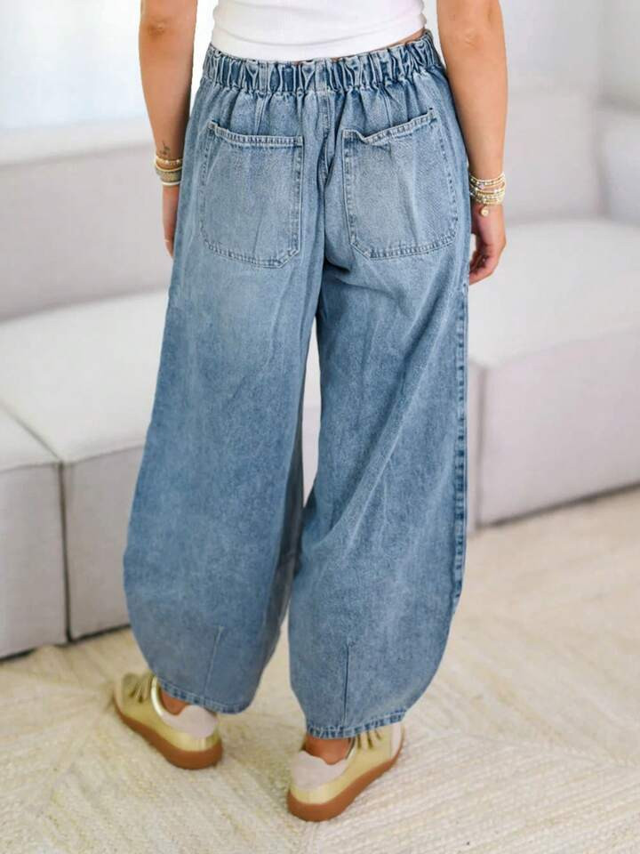 Women Jeans, Elastic Waist Tie-Up Solid Loose Trousers Streetwear With Pockets For Daily | SHEIN