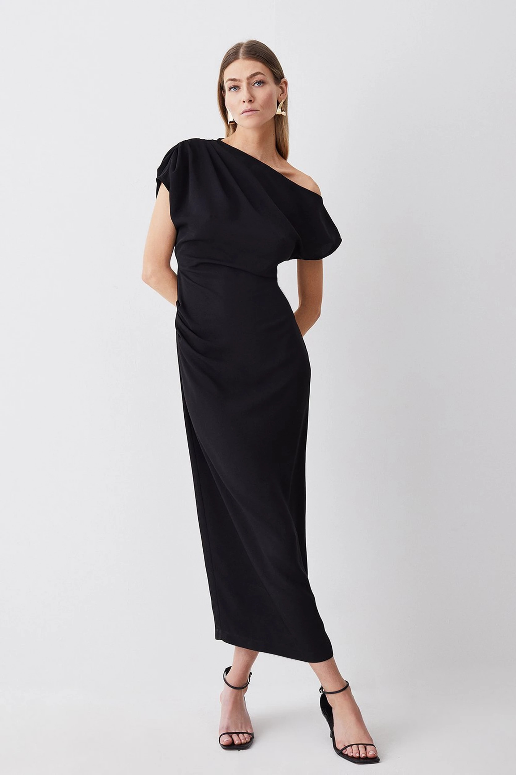 Soft Tailored Drop Shoulder Ruched Pencil Midi Dress | Karen Millen UK + IE + DE + NL