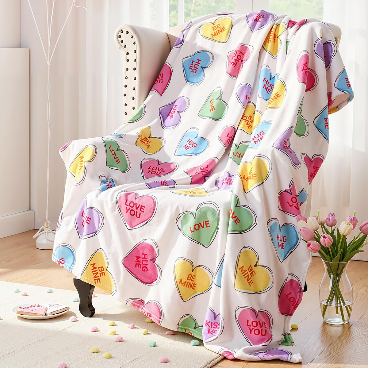 Valentines Day Decor: Hand-Painted Candy Heart Flannel Fleece Throw Blanket, Ultra Soft Plush Tra... | Amazon (US)