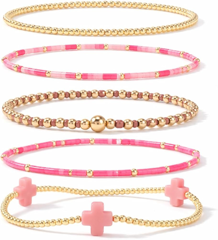 Gold Beaded Cross Bracelet for Women, 14K Plated Adjustable Stackable Dainty Bracelets, Non Tarni... | Amazon (US)