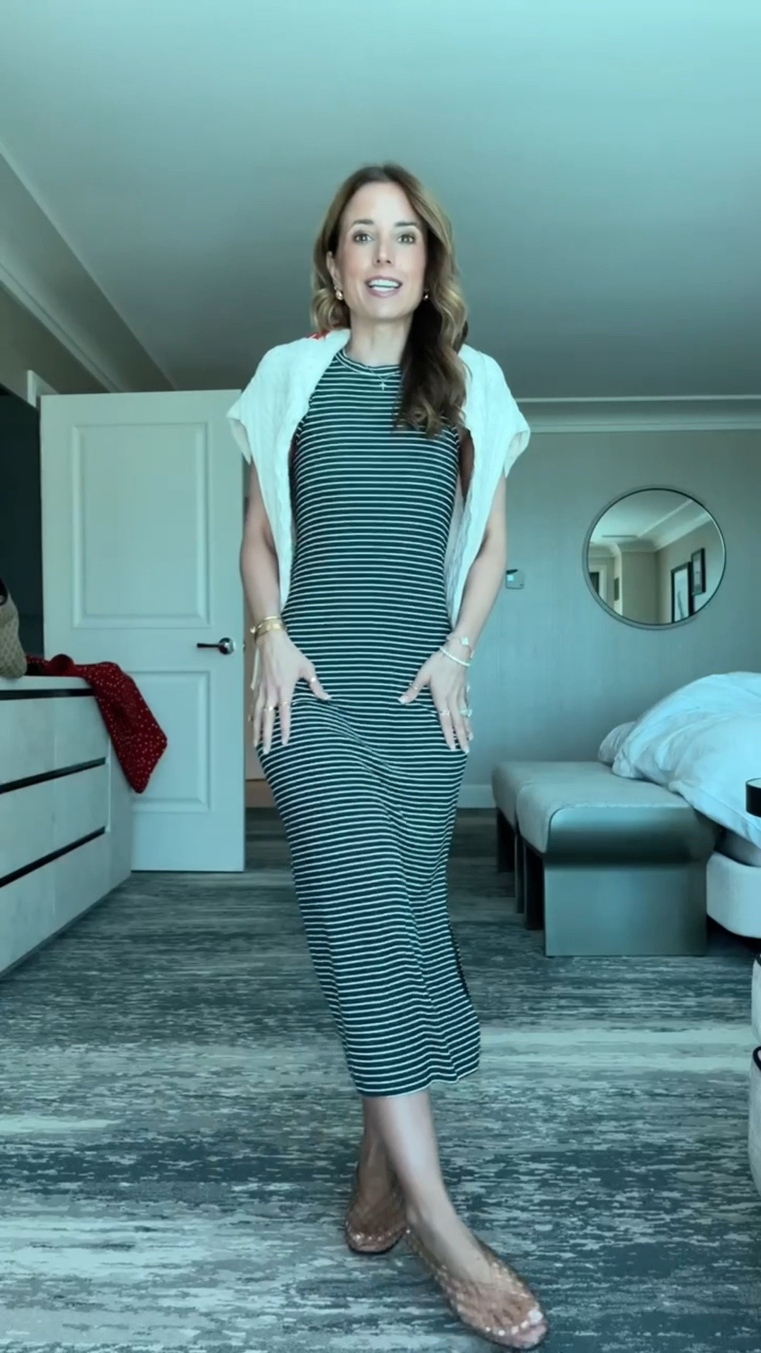 My travel outfit of the day! Roadtrip outfit. Target ribbed modal blend midi dress in XS. American Flag sweater in XXS. Jelly ballet flats are whole sizes only. I’m a 6.5 and did a 6 based on reviews. Summer dress. Summer outfit. Vacation dress. Vacation outfit.

#LTKootd #LTKTravel #LTKPetite