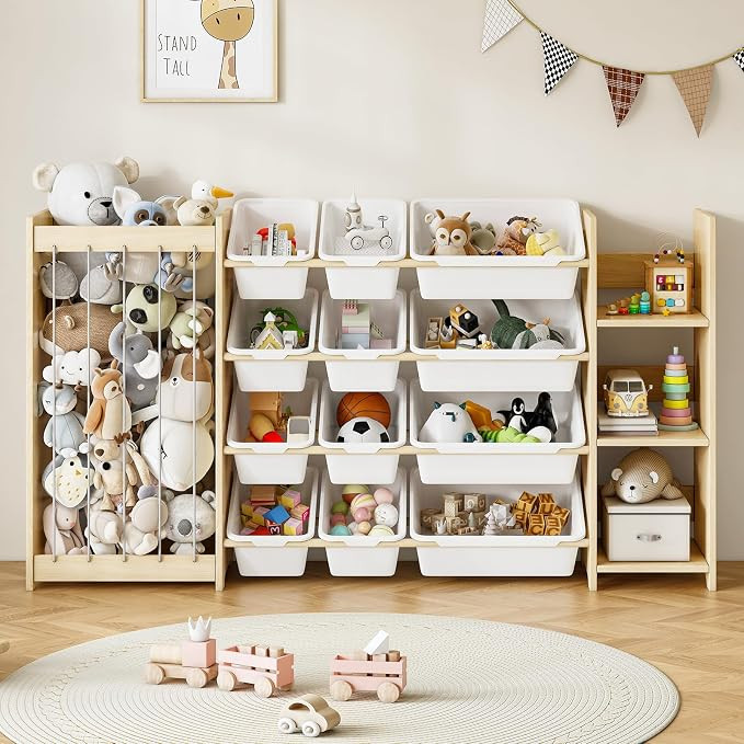 3-in-1 Toy Storage Organizer, Stuffed Animal Holder & 3-Tier Bookcase, Solid Wood Toy Organizer w... | Amazon (US)