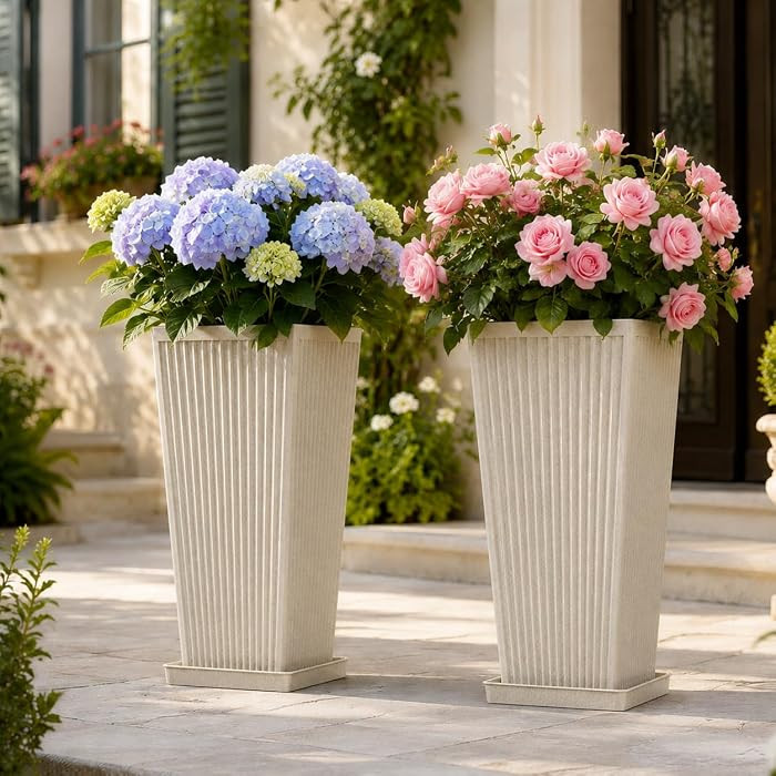 24" Tall Planters for Outdoor Plants Set of 2 Square Fluted,Beige | Amazon (US)