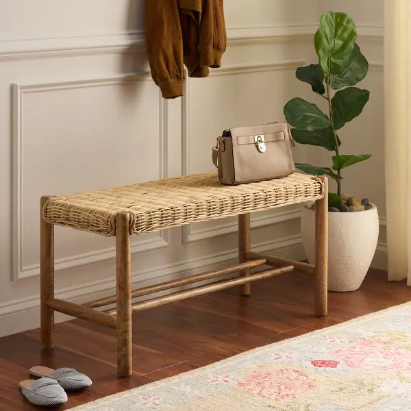 SAFAVIEH Enrique Bench with Rattan Weaving - 16"W x 35"D x 18"H | Bed Bath & Beyond