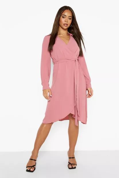 Wrap Belted Long Sleeve Midi Dress | Boohoo.com (US & CA)