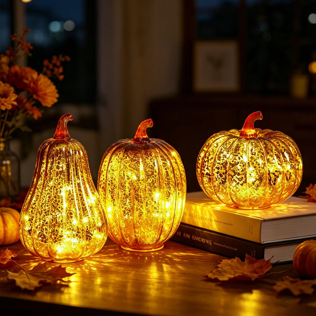 3 Pack Glass Lighted Pumpkin Decor Set, Assorted Shaped Golden Crackle LED Pumpkin Lamps,Ornament... | Wayfair North America