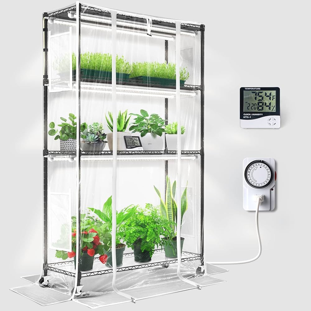Barrina Mini Greenhouse with LED Grow Light for Indoor Plant, 4-Tier Portable Metal Plant Stand with Wheels, Plant Shelf with Tent, 6Pcs Plant Light with Timer and Thermo-Hygrometer, 35.4x13.8x59IN | Amazon (US)