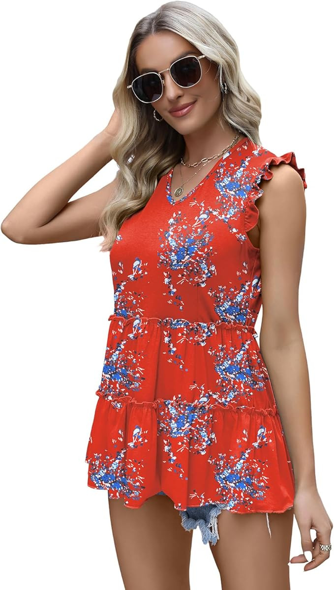 AGSEEM Womens Babydoll Tank Tops V Neck Ruffle Sleeve Pleated Peplum Shirts Summer | Amazon (US)