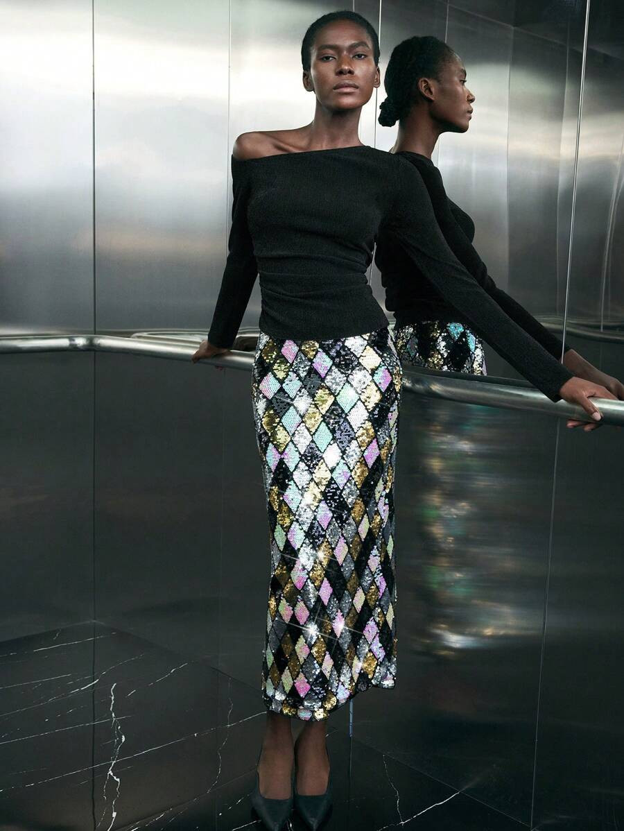 Maija Women's Colorful Geometric Sequin Fabric Elastic Waist Side Invisible Zipper Slit Fitted Sk... | SHEIN