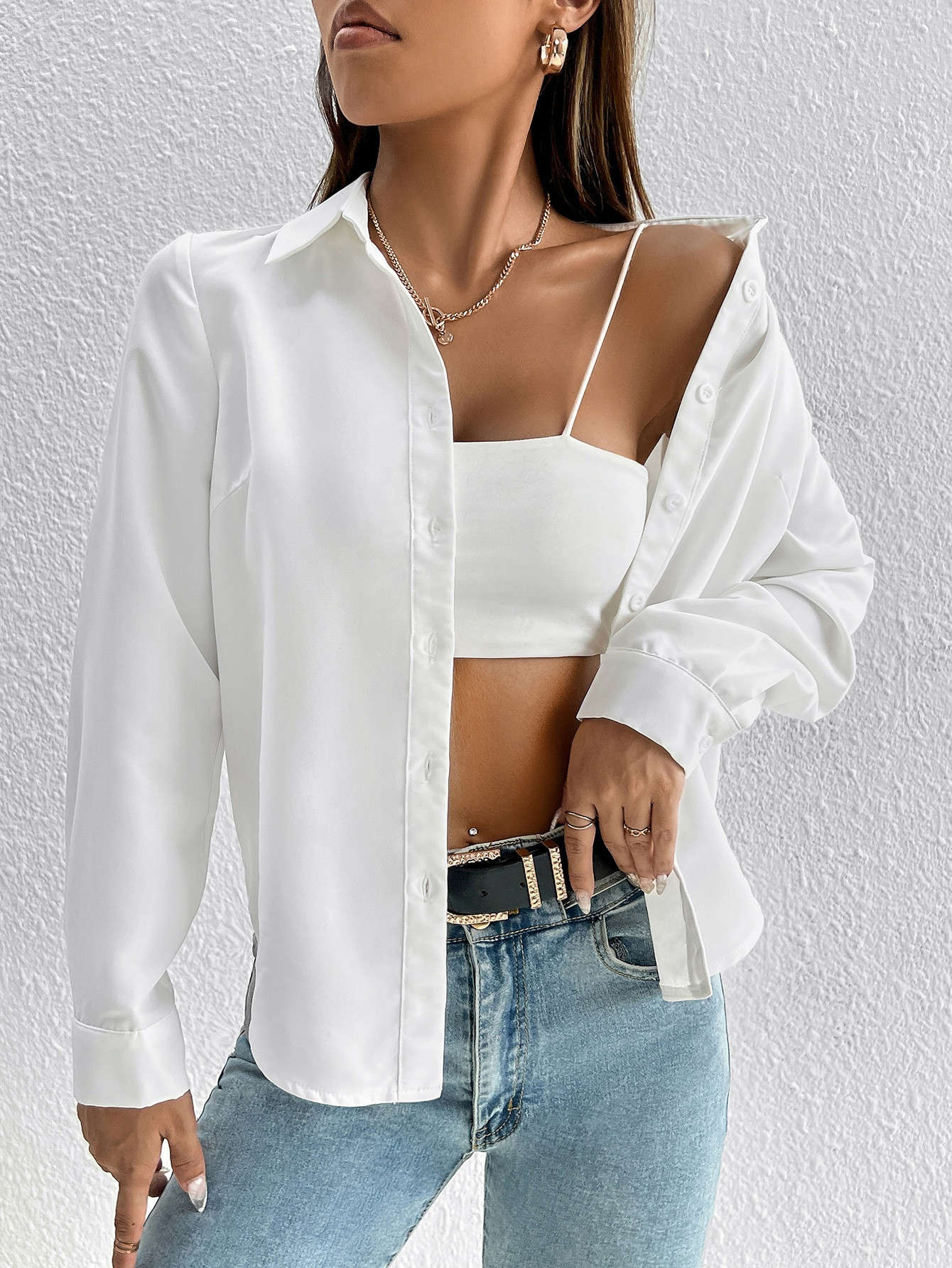 SHEIN PETITE Solid Button Front Shirt | SHEIN
