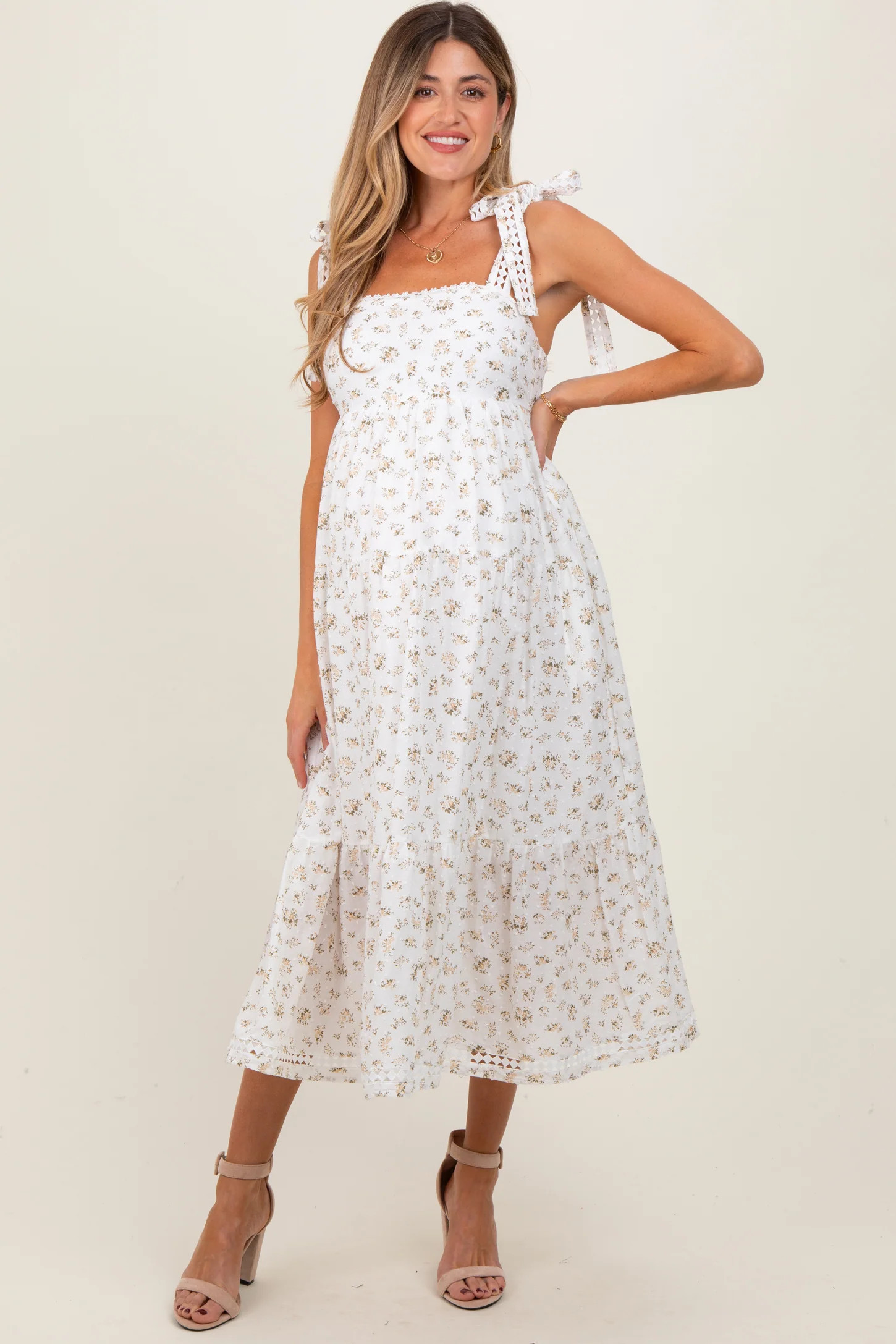 Light Yellow Floral Shoulder Tie Maternity Midi Dress | PinkBlush Maternity