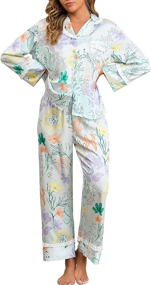 Jusfitsu Women's Silk Satin Pajamas for Women Set Long Sleeve 2 Piece Cute Ruffle Button Down Pjs... | Amazon (US)