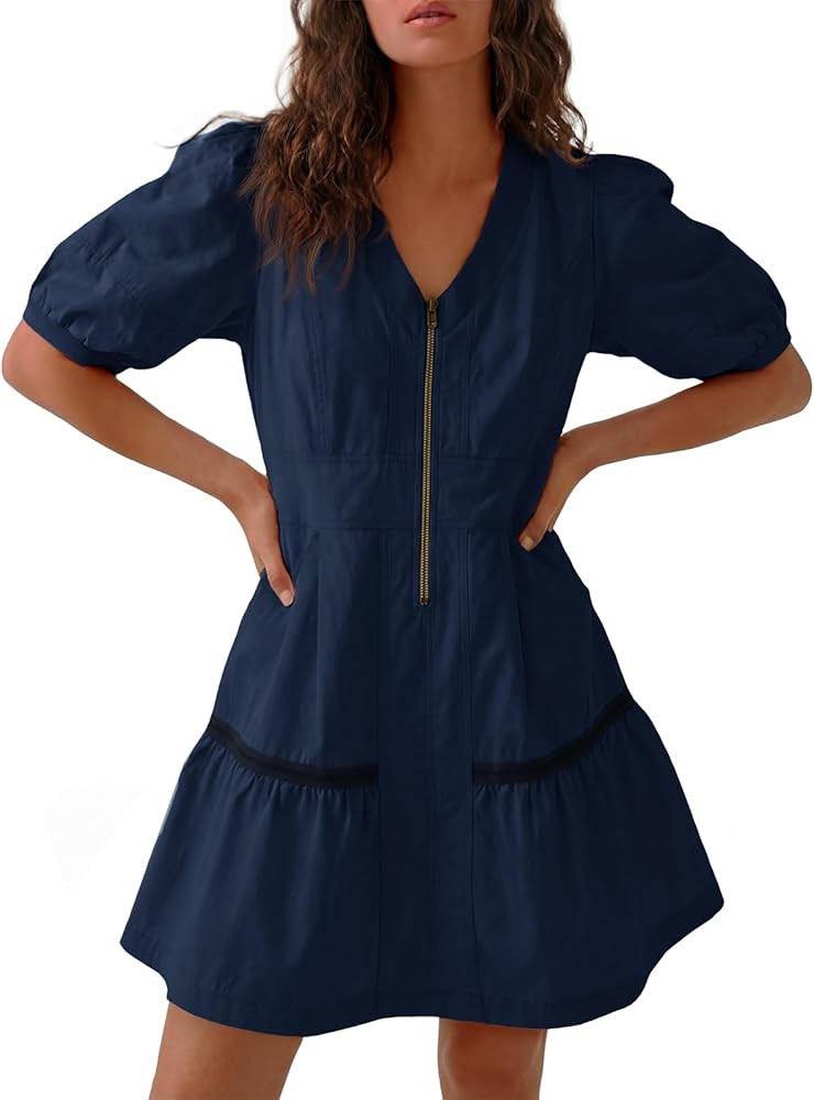 Fisoew Women's Short Sleeve Mini Dress Casual Half Zip V Neck Loose Mesh Back Utility Summer Dres... | Amazon (US)