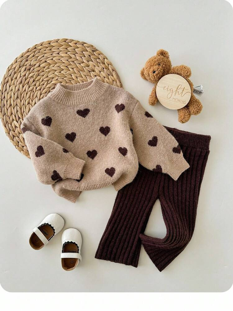 SHEIN 2pcs Baby Girl Cute Polka Dot Long Sleeve Sweater & Elastic Waist Pants Set, Casual Autumn/Winter Fall | SHEIN