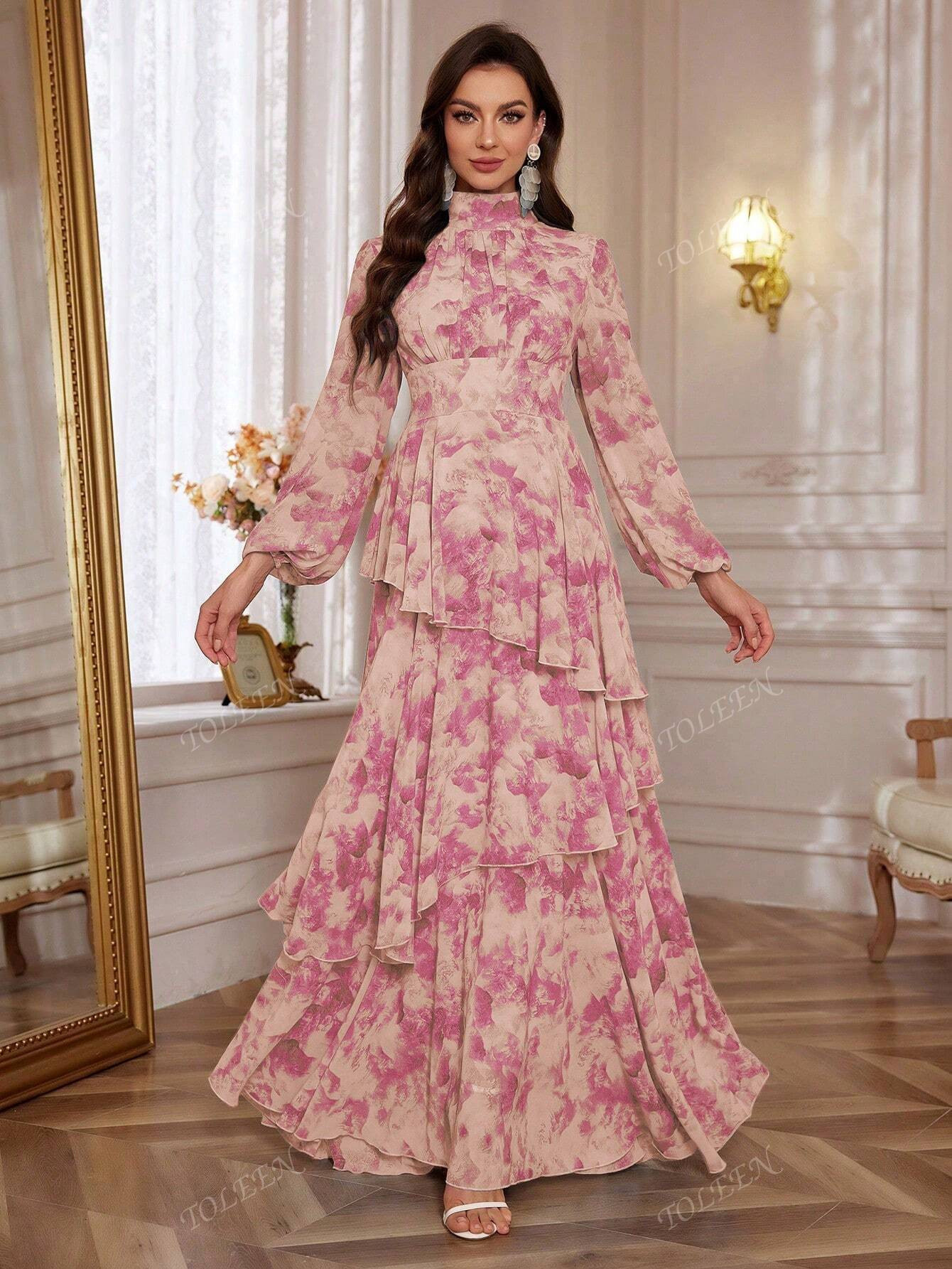 Women's Floral Print Stand Collar Lantern Sleeve Ruffle Hem  Elegant Dress | SHEIN