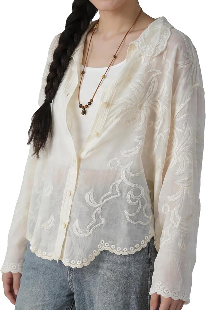 Women's Lace Embroidered Blouse - Elegant Long Sleeve Button-Down Shirt with Scalloped Edges (Col... | Amazon (US)