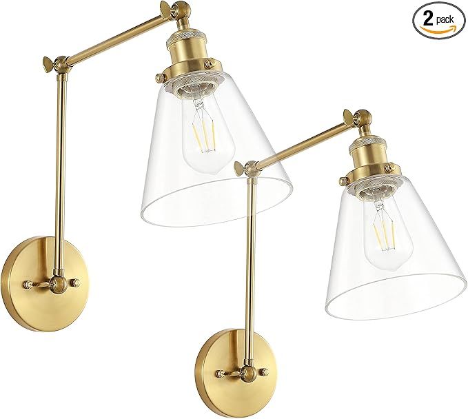 WINGBO Swing Arm Adjustable Wall Lamps Set of 2 Brass Hardwired Light Fixture Up Down Glass Shade... | Amazon (US)