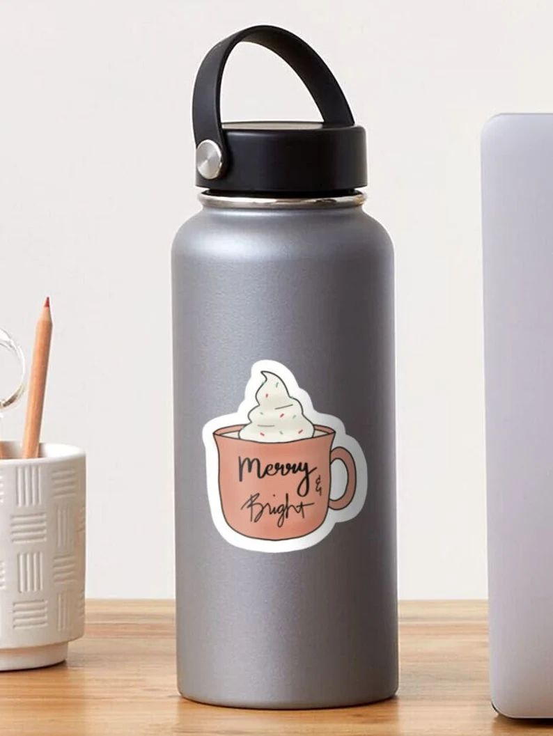 Merry & Bright Holiday Cocoa Christmas Coffee Mug Sticker | Etsy | Etsy (US)