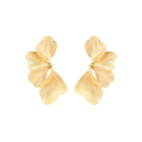 Gold Flower Earrings Statement Earrings for Women Big Exaggerated Floral Petal Leaf Stud Earrings (Gold) | Amazon (US)