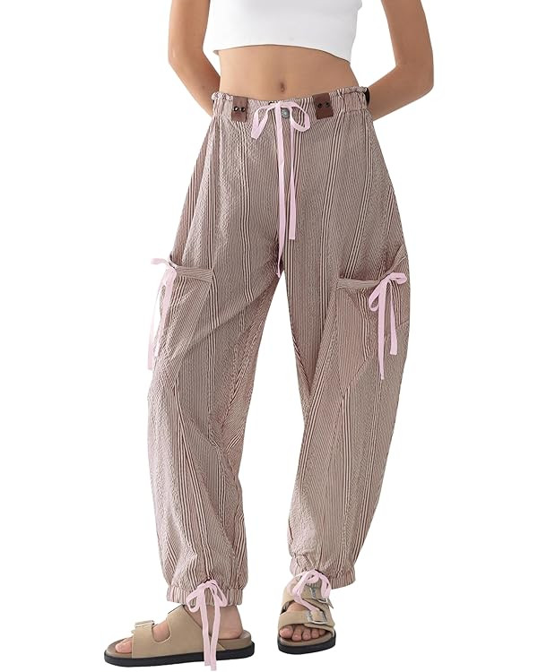Women Striped Barrel Pants Drawstring Casual Baggy Boyfriend Y2K Streetwear Parachute Pants with ... | Amazon (US)