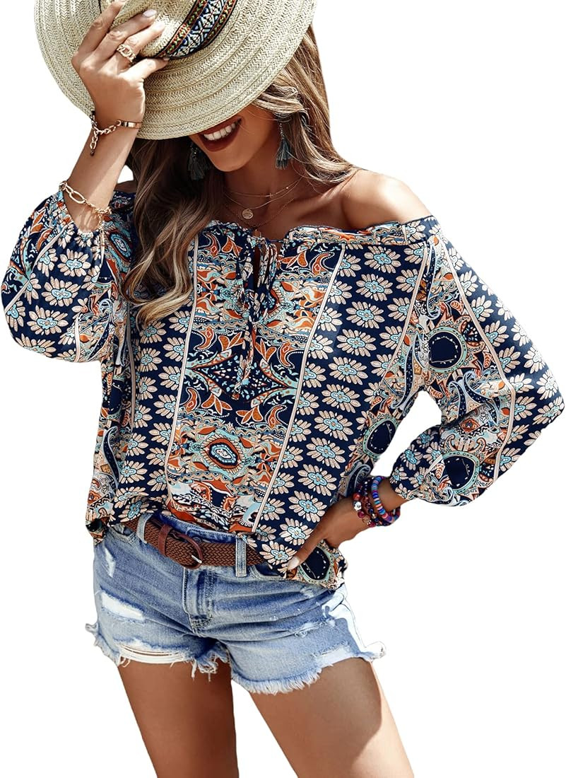Romwe Women's Boho Tribal Print Off Shoulder Long Sleeve Knot Front Blouse Tops | Amazon (US)