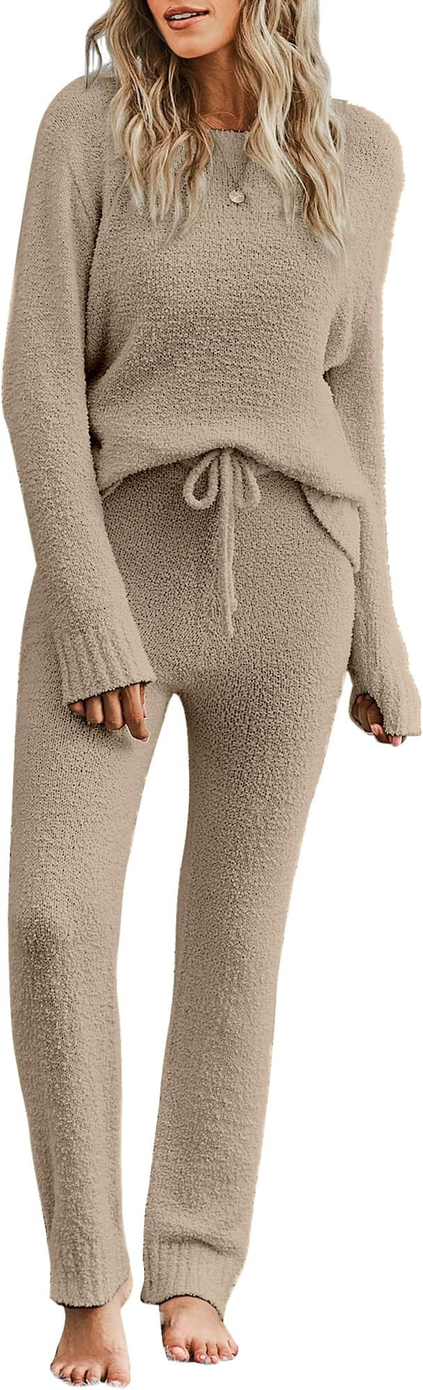 luvamia Women's Casual Pajama Set Fuzzy Fleece Knitted Long Sleeve Pj Loungewear | Amazon (US)