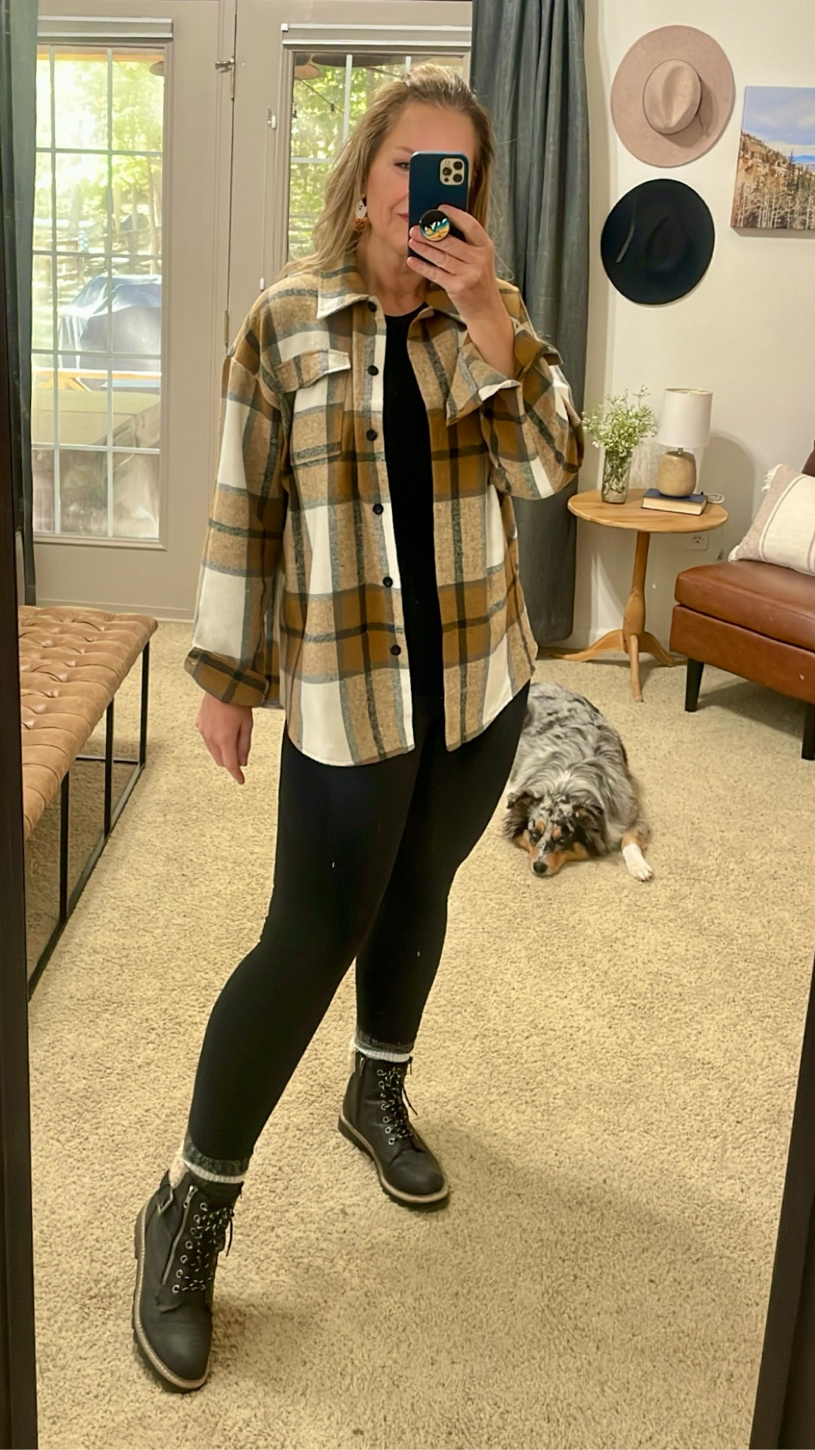 Running errands Fall Outfit look. 
My plaid shacket is the perfect casual layering piece. Looks great with jeans or leggings (as shown here). Peak my Halloween ghost earrings- they’re soooo cute + glow in the dark! 
My boots are old, linked similar options. 

#LTKHalloween #LTKxPrime #LTKSeasonal