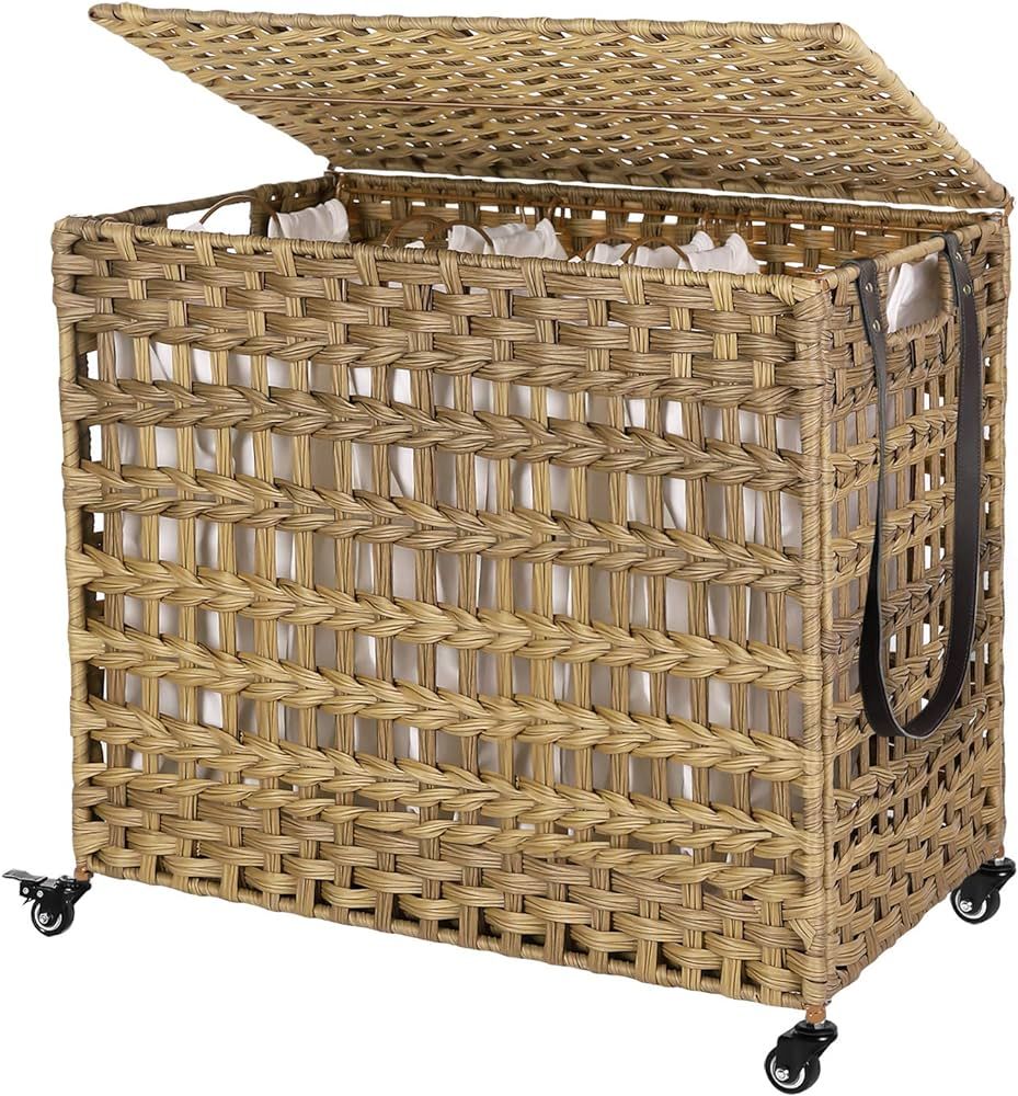 SONGMICS Laundry Basket with Lid, 140L Synthetic Rattan Laundry Hamper with Wheels, Clothes Hampe... | Amazon (US)