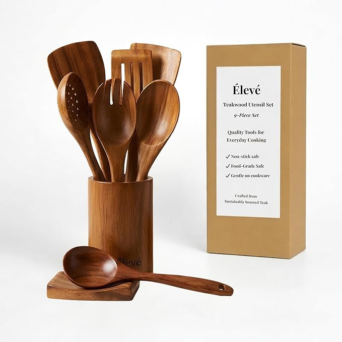 Natural Teak Wood Cooking & Serving Spoons Set (9-Piece) | Wooden Kitchen Utensils with Holder & ... | Amazon (US)