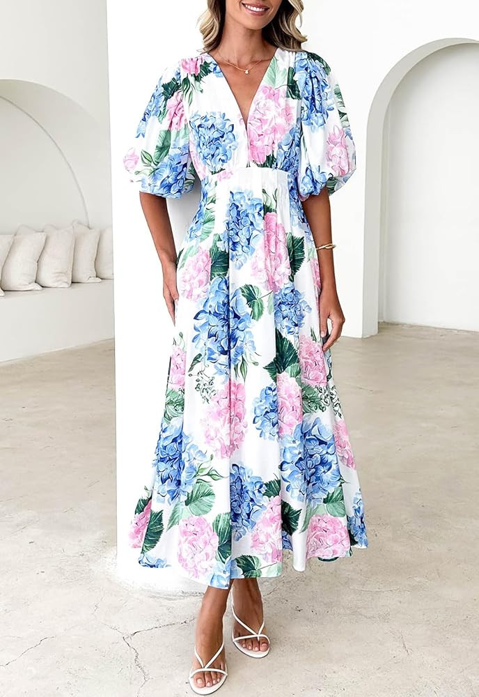 Sissyaki Women's Boho Floral Midi Dress Smocked Beach Flowy Dress | Amazon (US)