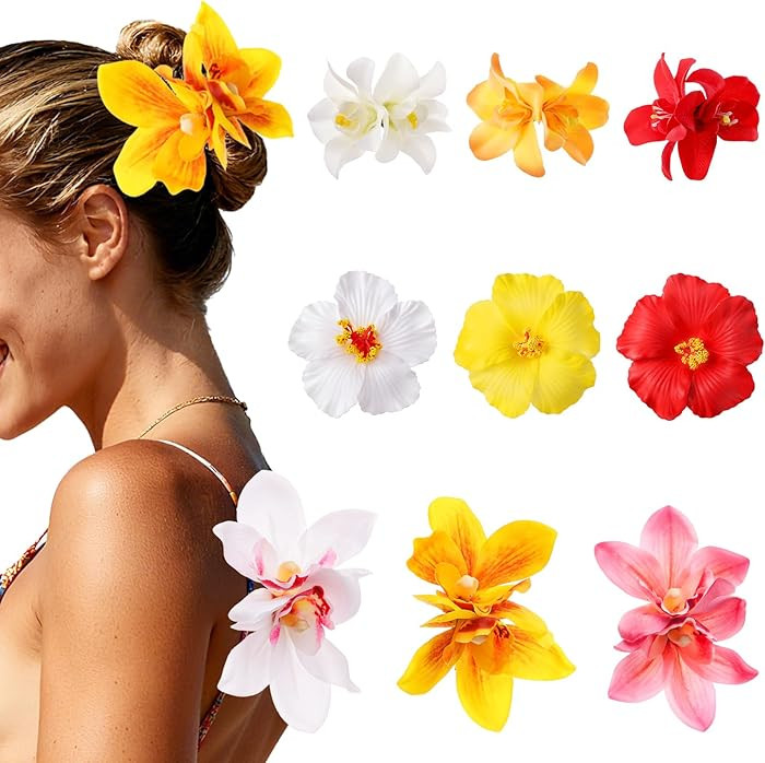 9 Pcs Hawaiian Flower Hair Clips for Women, 3 Styles Artificial Flower Side Barrettes, Accessorie... | Amazon (US)