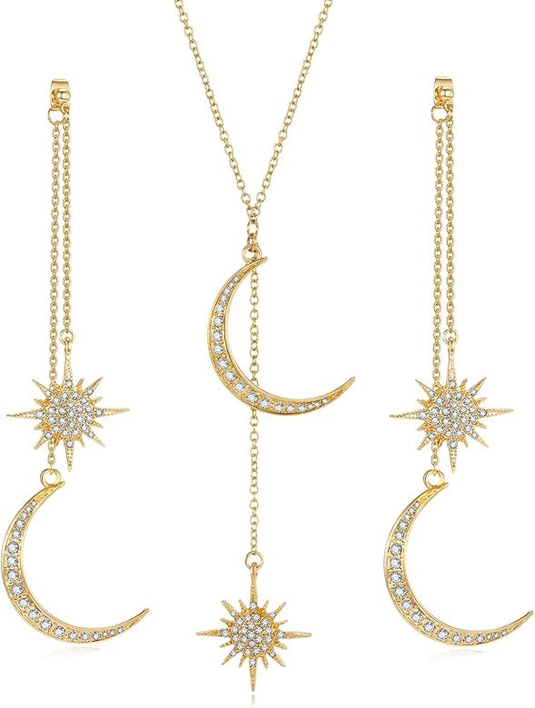 Feximzl Fashion Shiny Crystal Star Moon White Gold Color Drop Earrings Jewelry for Women Earring Jac | Amazon (US)