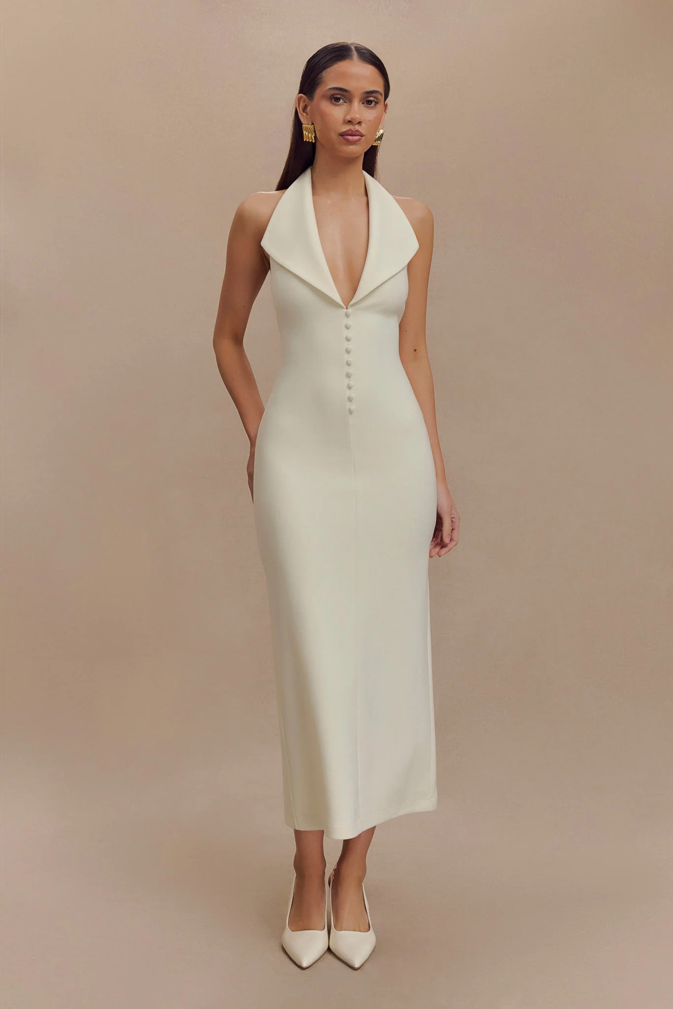 Annita Crepe Halter Midi Dress - Ivory | MESHKI US